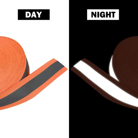 Day and night view of See And Be Seen High Visibility Reflective Tape Strip 2 Inch By 66 Foot Sew On Orange for clothing and gear.