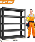 Heavy Duty Garage Shelving Unit 72 Inch Tall With 3000 Lbs Capacity 5 Tier Adjustable Metal Storage Shelves and worker showing scale