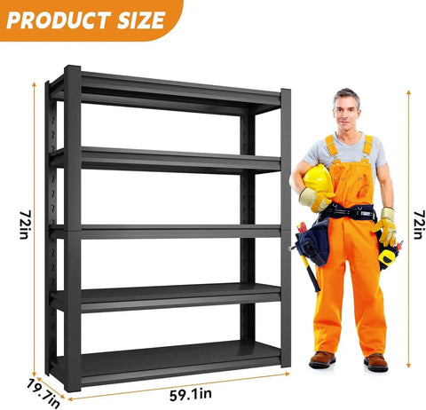 Heavy Duty Garage Shelving Unit 72 Inch Tall With 3000 Lbs Capacity 5 Tier Adjustable Metal Storage Shelves and worker showing scale
