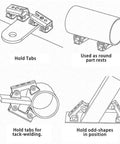 Illustration of Heavy-Duty Adjustable Magnetic Welding Clamps 4-Pack, V-Type Fixture Holder demonstrating various uses on metal parts.