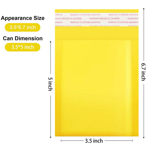 Bubble Mailers 3.5x5 Inch 50 Pack Self Sealing Waterproof Cushioned Envelopes Yellow Padded Mail Bag with dimensions shown