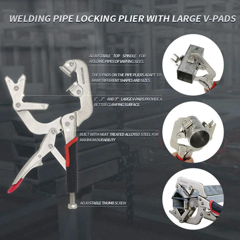 Front view of Amazon Monster & Master welding pipe plier clamp, 10-inch, fast-release C-clamp with large V-pads, silver tool with red handle