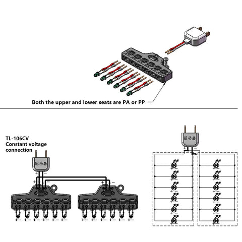 Slick One To Six LED Strip Light Connector Block With No Sweat Wire Splitter for Low Voltage Power Distribution, detailed diagram.