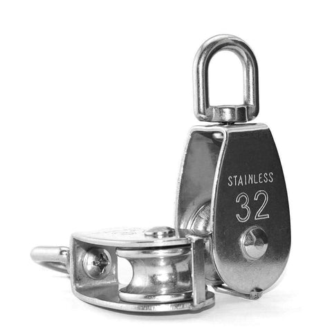 4Pcs M32 Single Pulley Block, Creatiee-Pro Heavy Duty 304 Stainless Steel Pulley Roller Crane Swivel Hook, fixed pulley front view