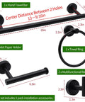 Diagram of Dope Matte Black 5 Piece Bathroom Hardware Set with 16-inch towel bar, toilet paper holder, towel ring, and two robe hooks.