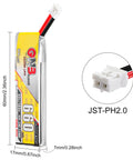 Crazy Light 660mAh 1S LiPo Battery Pack For Tiny FPV Drones With JST PH Connector and dimensions shown