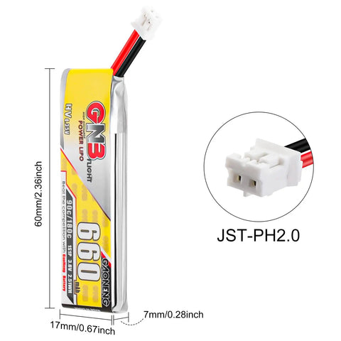 Crazy Light 660mAh 1S LiPo Battery Pack For Tiny FPV Drones With JST PH Connector and dimensions shown