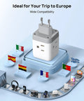 European Travel Plug Adapter With 3 Outlets And 2 USB Ports, International Power Adapter for table with flags