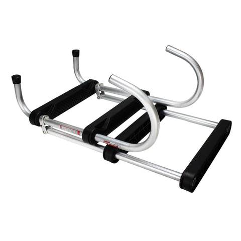 Folding 4-Step Pontoon Ladder With Quick Connect Mounting Cups Extends 37 Inches From Deck And Folds To 29 Inches By 15.5 Inches By 3.5 Inches 300 Lb Capacity Lightweight And Durable Includes All Hardware, folded silver aluminum ladder