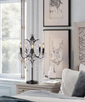 Dope Farmhouse Crystal Table Lamp With Five Candelabra Lights Black Finish 30 Inches Tall in a bedroom setting