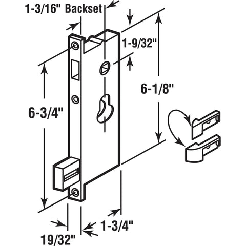 Diagram of K 5092 Steel and Diecast Security Door Heavy-Duty Keyed-Locking Mortise Handle Set with dimensions and fittings.