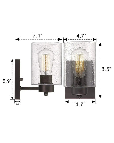 2 Pack Oil Rubbed Bronze Wall Lights With Clear Seeded Glass Mid Century Modern Vibe Interior Wall Sconces, dimensions shown.