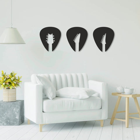 Set Of 3 Black Guitar Silhouette Wall Art On Engineered Wood 11x40 Inch Modern Wall Decor displayed above a white sofa in living room