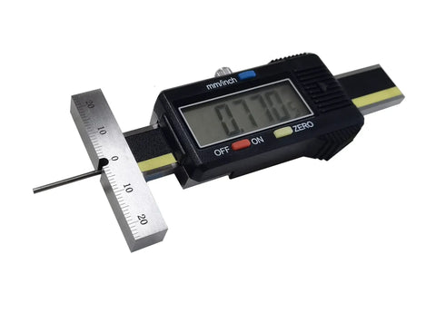 Depth Gauge Vernier Caliper 0-30mm With Pro Grade Display, 85mm wide measuring surface, shown with rod extended, USB data transfer capability