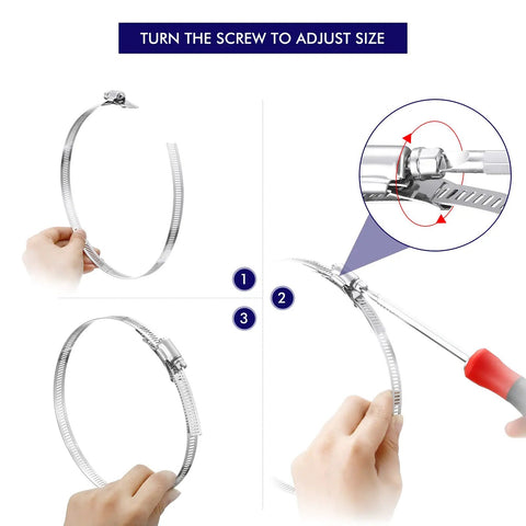 Stainless Steel Hose Clamps Kit With Large Worm Gear Adjustable Pipe Clamps For Intercooler Plumbing Tubing And Fuel Lines 8.2 Feet Total Includes 1 Adjustable Clamp And 6 Fasteners No Waste DIY Clamp Set being adjusted with screwdriver