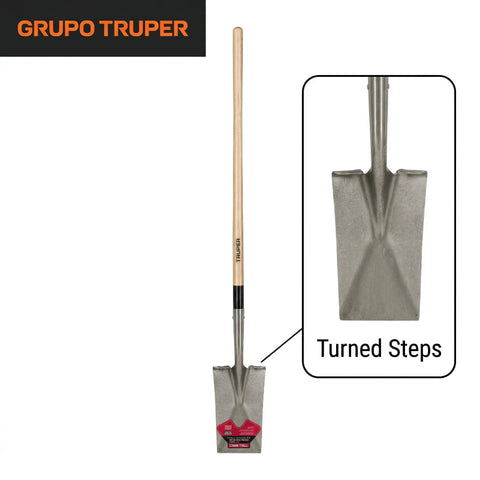 Turned Steps Garden Spade With 48 Inch Hardwood Handle And 14 Gauge Blade for deep digs, visible turned steps