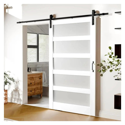 Premium Frosted Glass Sliding Barn Door Kit With Smooth Glide Hardware Plus Rustic Track System And No Sweat Setup installed in a modern room.