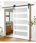 Frosted Sliding Barn Door With Full Hardware Kit Included Goes On Like Butter Smooth Glide Track For Modern Home Setup, installed in a stylish room.