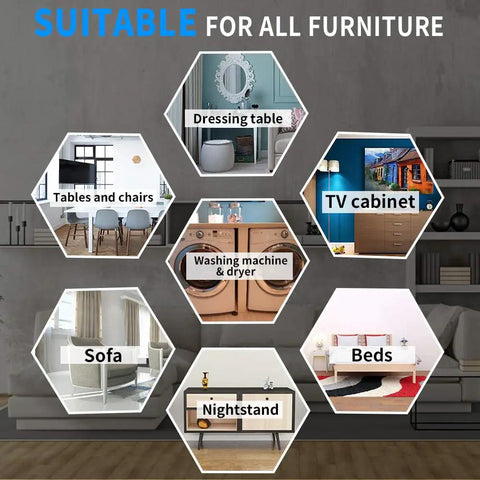 Furniture collage showing tables, chairs, dressing table, TV cabinet, washing machine and nightstand suitable for Multi Surface Furniture Sliders 2 In 1 Moving Pads 8 Piece Pack With Four Carpet Sliders And Four Hardwood Socks Reusable Floor Protectors For All Floor Types Easy Glide For Heavy Furniture