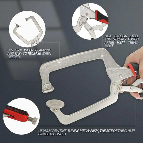 Heavy Duty 15 Inch C Clamp Locking Pliers With 360 Degree Swivel Pads And Six Inch Deep Throat For Woodworking Welding And Pocket Hole Joinery 2 Piece Set in hand, showing fine-tuning mechanism.