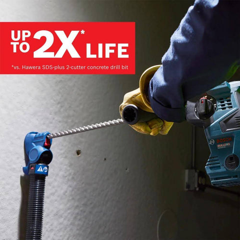 Bosch HC4C2083 1/2 in x 8 in SDS-Plus Bulldog rotary hammer bit on a blue Bosch hammer with dust hose