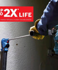 Bosch SDS-Plus Bulldog carbide rotary hammer drill bit, 1-1/8 x 8 x 10 in, in use on concrete with blue drill.
