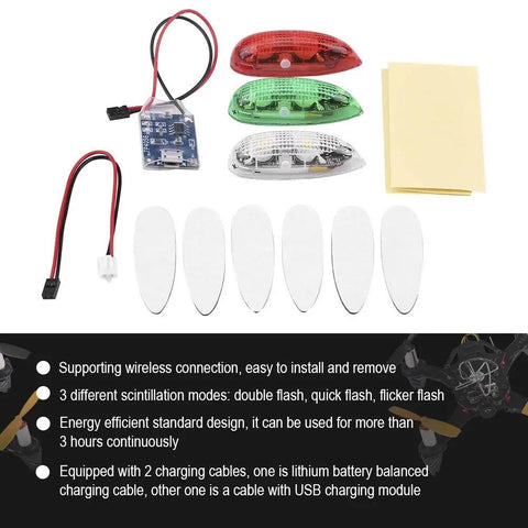 Water Droplet Shaped Wireless RC Plane LED Light Kit For Airplane Helicopter Quadcopter Fixed Wing Drones with components visible