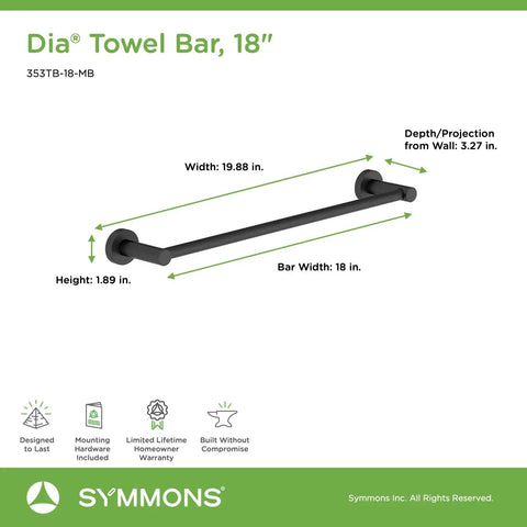 Dia 4-Piece Wall Mounted Bathroom Hardware Set In Matte Black With Towel Bar, dimensions shown