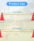 Dog Agility Hurdle And Cone Set Adjustable Obstacle Course For Backyard Training And Exercise For Dogs Of All Sizes Pro Grade Agility Equipment For Home Use orange cones and yellow bar with sizes labeled at 31.5 and 47.2 inches