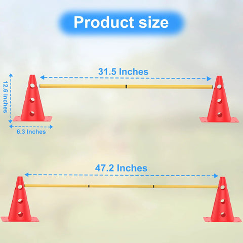 Dog Agility Hurdle And Cone Set Adjustable Obstacle Course For Backyard Training And Exercise For Dogs Of All Sizes Pro Grade Agility Equipment For Home Use orange cones and yellow bar with sizes labeled at 31.5 and 47.2 inches
