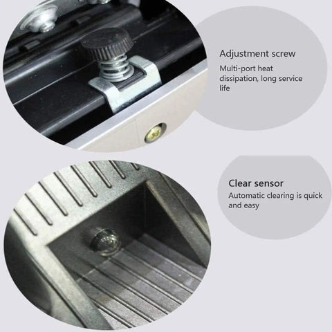 Close-up of adjustment screw and clear sensor on Bank Grade Cash Counter Machine With Slick Anti Fake Detector LED display.
