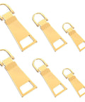 Six Piece Gold Zipper Pull Replacement Set In Gold Zinc Alloy For Luggage Backpacks Jackets Suitcases And Coats With Three Sizes