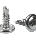 Badass 100 Pack Number 8 X Half Inch 410 Stainless Wafer Head Phillips Self Drilling Sheet Metal Tek Screws close-up view