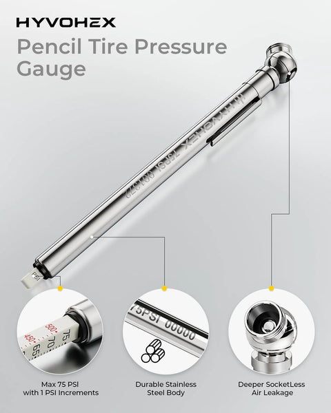 Pencil tire pressure gauge, stainless steel body, 2-pack with valve caps
