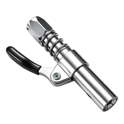 Spring Loaded Grease Coupler With Aluminum Alloy Body Locking Design For Fittings And Maintenance Tool, side view.