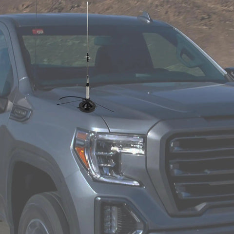 Dual Band Mobile Antenna For 2M And 70CM With Ground Plane Kit installed on truck hood