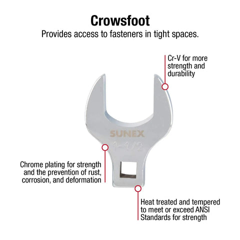 One Half Inch Drive Jumbo SAE Crowfoot Wrench Set From One Inch To One And Three Eighths Inch Go-To Tool For Tight Spaces And Easy Fastener Access Fully Polished Chrome Plated Seven Piece With Storage Rail, displaying 1-1/2 in chrome crowfoot with annotations on strength and durability.