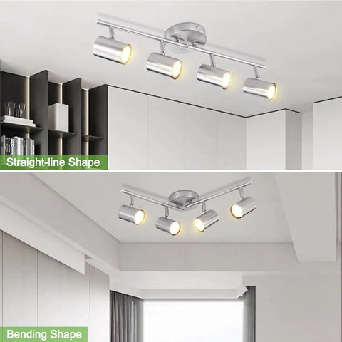 4 Light Brushed Nickel Track Lighting Kit With Adjustable GU10 Heads For Ceiling Install, straight and bending shape