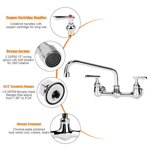 8 Inch Center Wall Mount Kitchen Sink Faucet With 12 Inch Swivel Spout And Dual Handles, Commercial Grade Backsplash Mounted Chrome Finish, Lead Free Brass, Rust Resistant, Pro Style For Home Or Restaurant Use