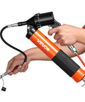 Pro Grade Heavy Duty 6000 PSI Grease Gun Kit With Pistol Grip, 14 Oz Capacity, 18 Inch Flex Hose held in hands