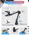Diagram of Magnetic Third Hand Soldering Station with 3X to 6X magnifying glass, LED lighting, adjustable alligator clips.