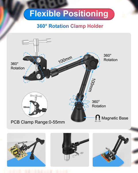 Diagram of Magnetic Third Hand Soldering Station with 3X to 6X magnifying glass, LED lighting, adjustable alligator clips.