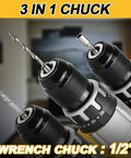 Cordless Drill Driver Half Inch Chuck, Two Speed Modes, 25+3 Clutch, 798 In-Lbs Torque, 3-in-1 chuck close-up view