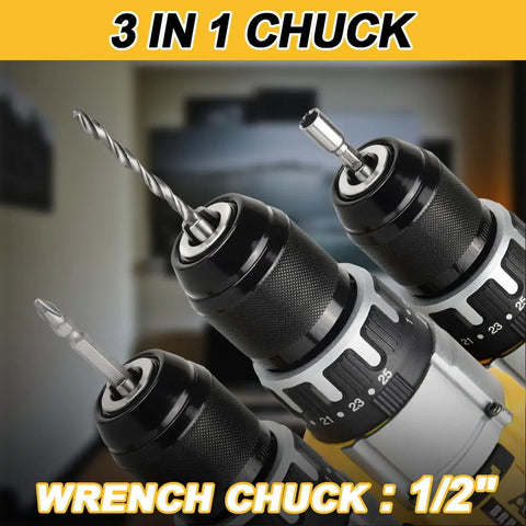 Cordless Drill Driver Half Inch Chuck, Two Speed Modes, 25+3 Clutch, 798 In-Lbs Torque, 3-in-1 chuck close-up view