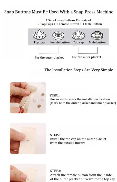 Installation steps for using the Tabletop Snap Button Pliers Kit For 9mm, 11.5mm, 12.5mm And 13mm Plastic No Sew Snaps Press Fasteners