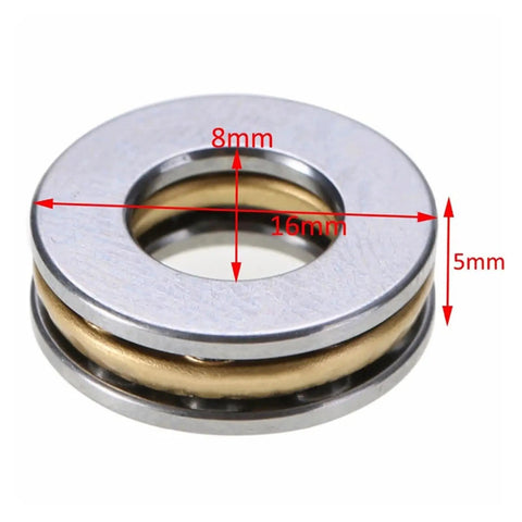 Close-up of Four Pack Mini Thrust Ball Bearings For 3D Printers 4x10x4mm, bearing steel, brass cage, showing 8mm inner diameter