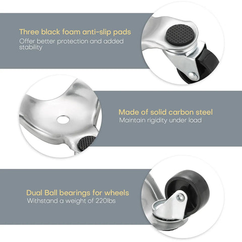 Close-up of 4 Pack Steel Tri Dolly Set with 3 wheel furniture movers, featuring black foam pads and dual ball bearings for heavy lifts.