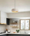 Modern Dome Yellow Travertine Pendant Light in a kitchen, round shape, natural stone, ideal for over sink or bedside.