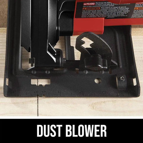 Heavy Hitter 13 Amp 7 1/4 Inch Corded Circular Saw In Bright Red showing the dust blower feature for clean cuts.