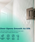 Glass door hinge demonstrating "Multi Purpose Penetrating Oil 2oz No More Squeaks On Door Hinges, Sewing Machines, Gym Equipment, Fans And Clocks, Rust Removal Plus Long Lasting Lubrication For Quick Fix Any Squeak" use
